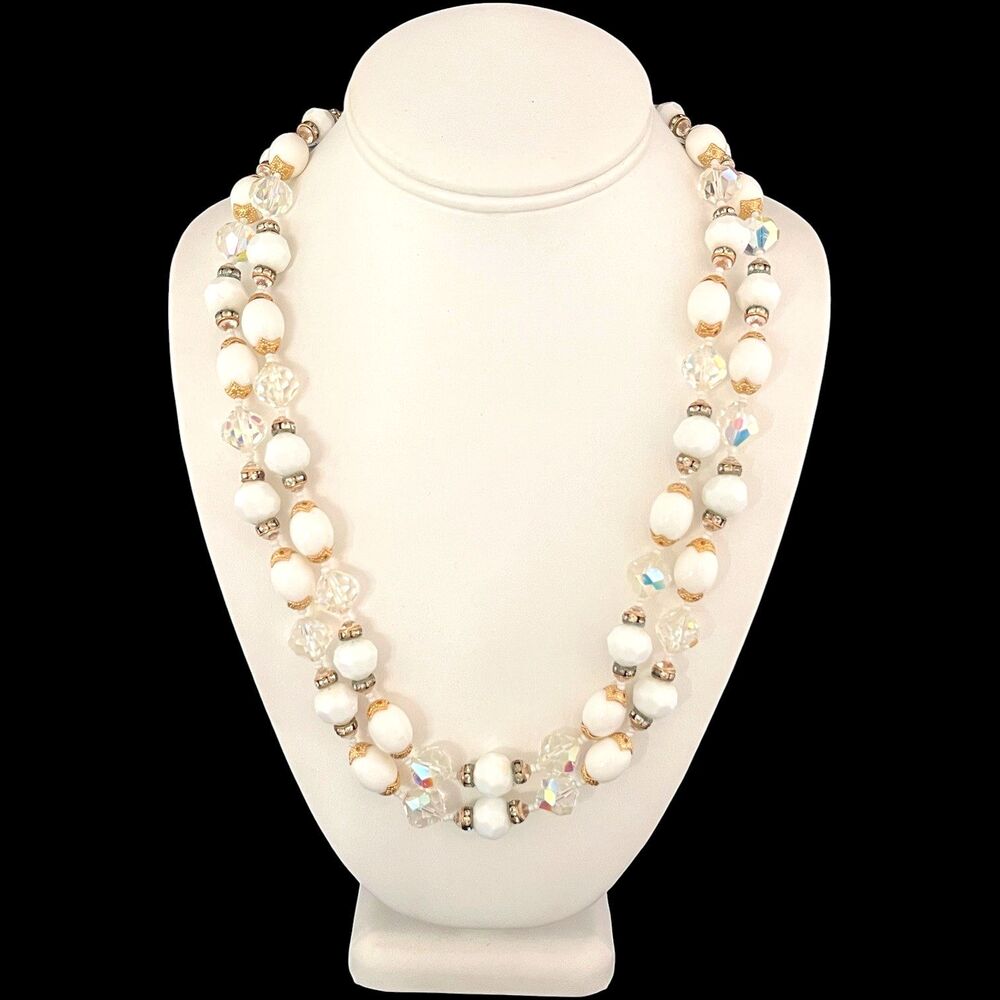 Vintage 1960s Vendome White Bead AB Crystal Necklace Gold Tone 23 Inch - 7C